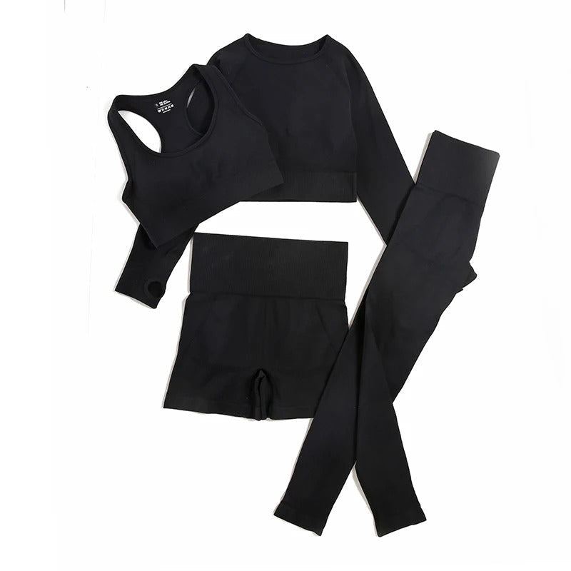 4 Piece Set: Long Sleeve, Sports Bra, Yoga Pants, Yoga Shorts